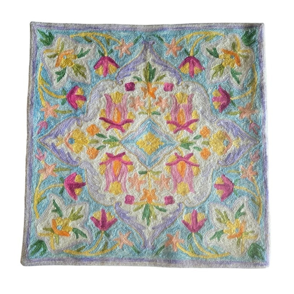 Hand Embroidered Throw Pillow Cushion Cover Wool on Cotton 16.5"‎ Shah Imports